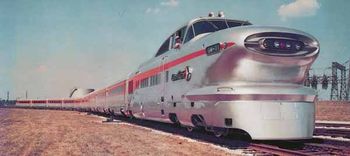 The first Aerotrain, General Motors Electro-Motive Division's experimental super-lightweight streamlined train set, is introduced to the general public at the GM "Powerama" in Chicago in October 1955.[1]