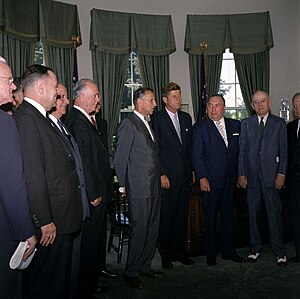 President John F. Kennedy stands with Mayor of Chicago, Richard J. Daley, and officials from Illinois - JFKWHP-KN-C22711.jpg