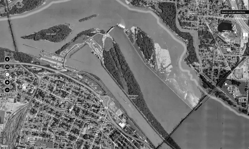 File:Aerial photograph of the Ohio River, at Louisville, showing the artificial canal to the south, and the (submerge) location of the Falls of the Ohio.jpg