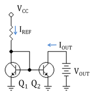 A current mirror implemented with npn bipolar transistors using a resistor to set the reference current IREF; VCC = supply voltage.